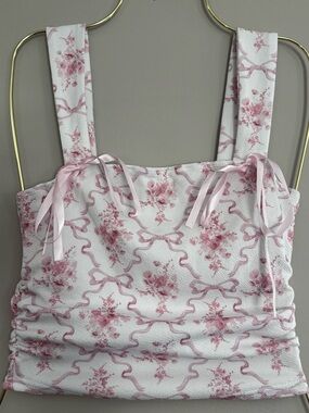 Coquette Floral Ribbon Ruched Cropped Tank Top Fairycore Soft Girl Size S